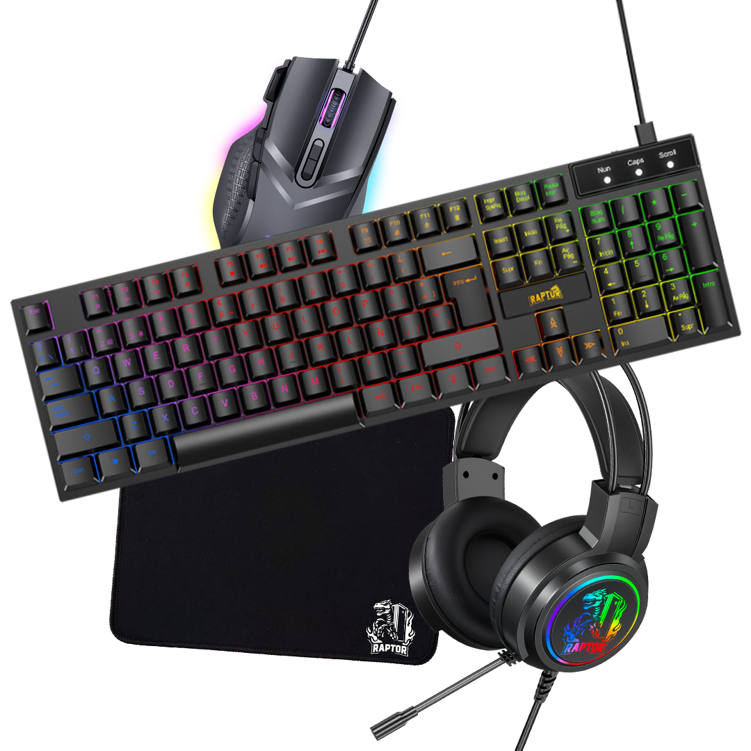 COMBO GAMER RAPTOR TECLADO 104 TECLAS + MOUSE RGB 7200DPI + MOUSE PAD S + AURICULAR 3.5 (3088)